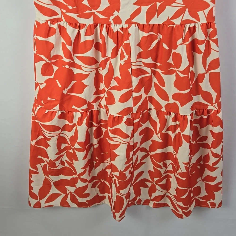 Shein Orange & White Floral Print Sleeveless Notch Neckline Ruffled Dress Sz M